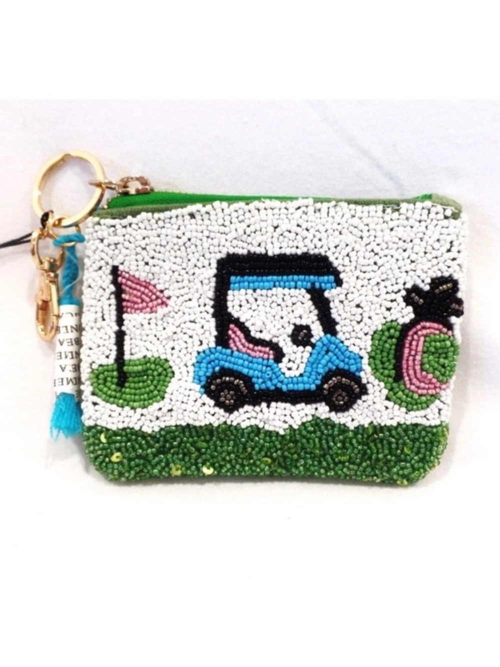 Beaded Golf Cart Coin Purse Wallet in White and Green